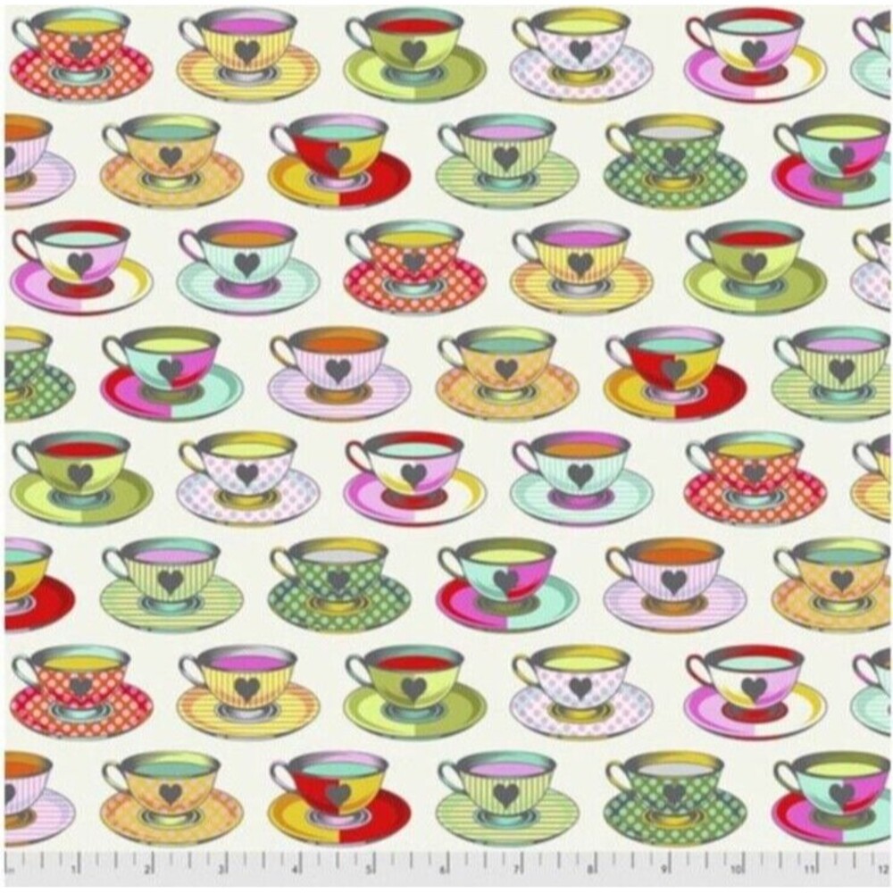 Quilting Fabric Tula Pink Curiouser And Curiouser Tea Time Cream Teacups  - 28"